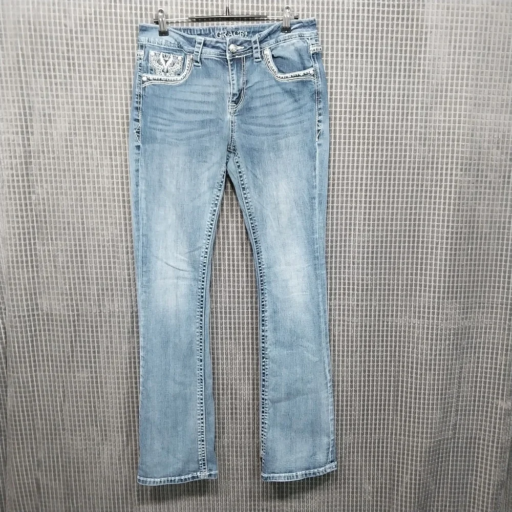 Grace in LA Jeans Women Bootcut Distressed Stretch Denim 30 Blue